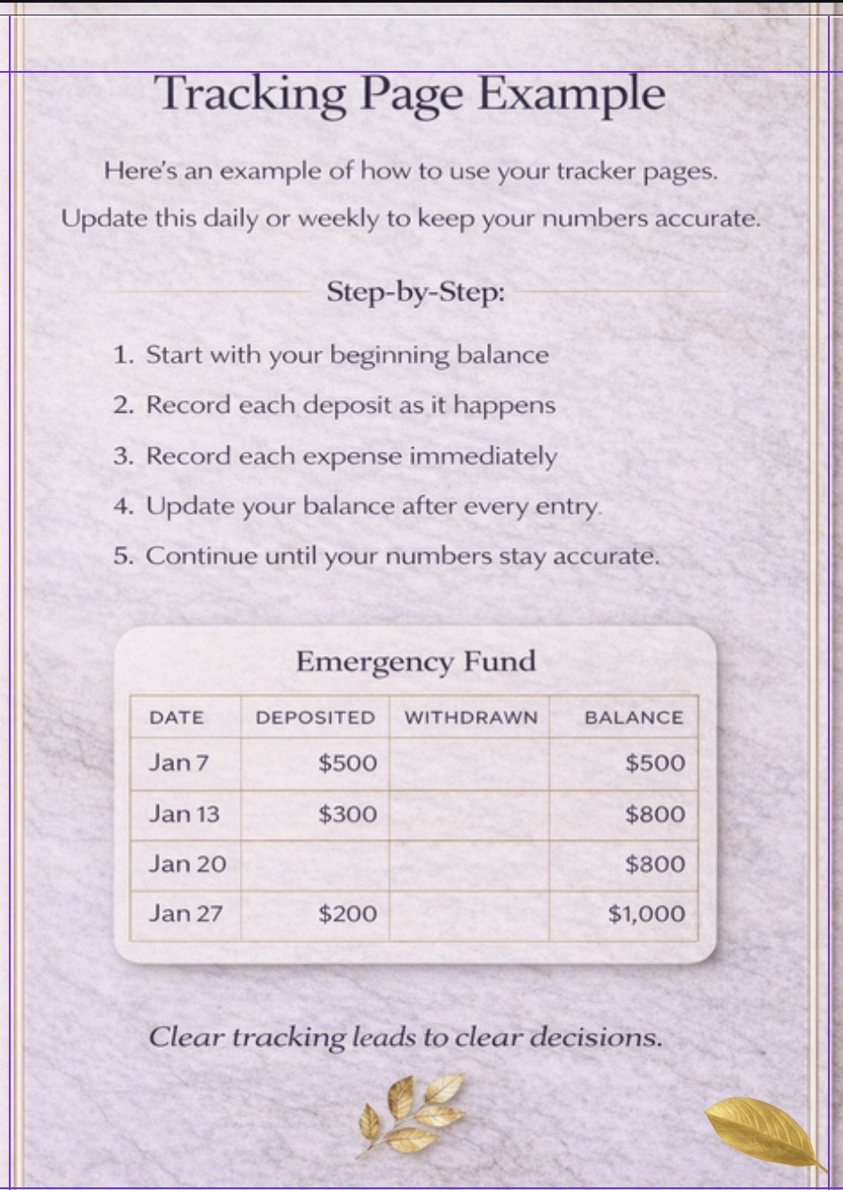 Tracking page example showing a step-by-step tracker with an Emergency Fund balance table